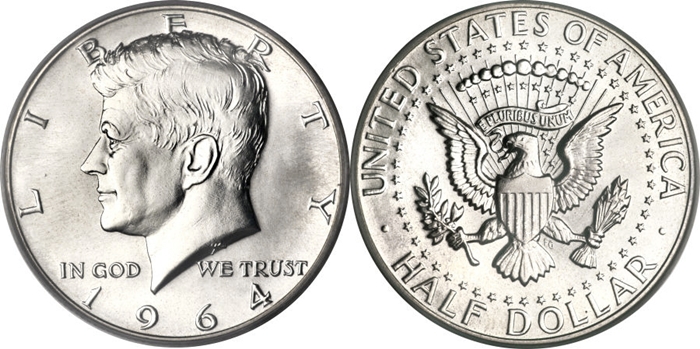 1964 Kennedy Half Dollar, face and reverse.