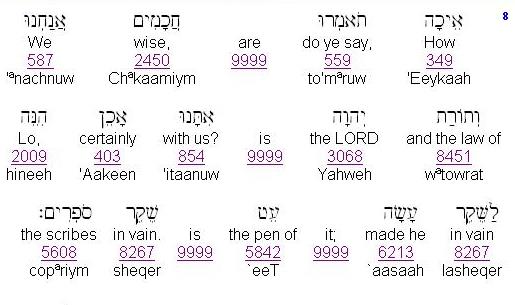 Interlinear Hebrew and English of Jeremiah 8:8 