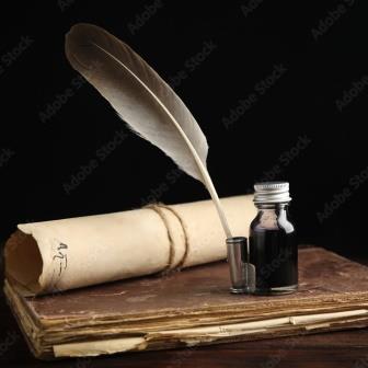Quill with ink and scroll.